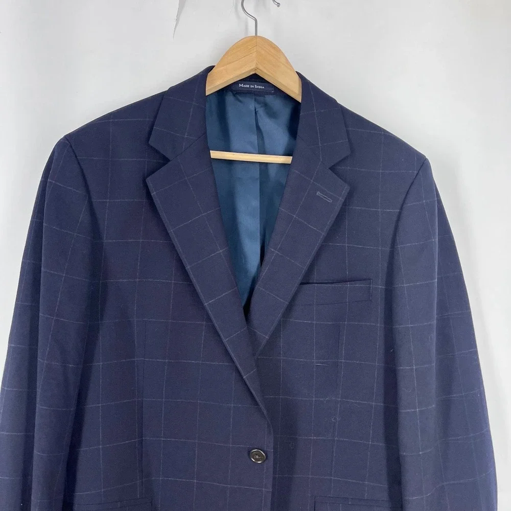 Lands' End Navy‎ Windowpane Check 2-Piece Suit Wool Pleated Pants SZ 42R  34W
